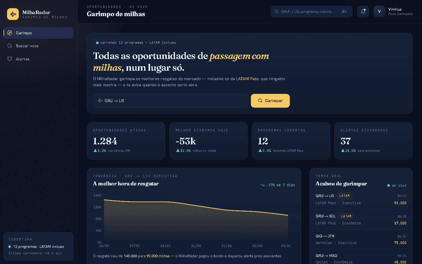 MilhaRadar — screenshot principal